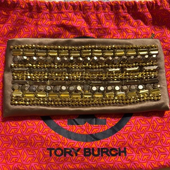 Tory Burch Metallic Gold and Rich Brown Clutch - Picture 1 of 5